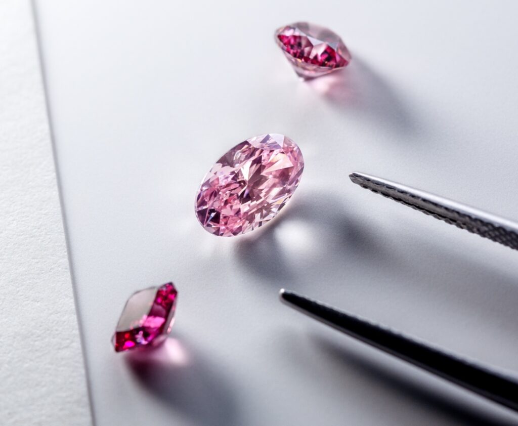 A Fancy Red diamond, a Fancy Intense Purplish Pink diamond and a Fancy Intense Pink diamond from Argyle PinkTM Diamonds: The Tiffany Collection Photo Credit: Tiffany & Co.