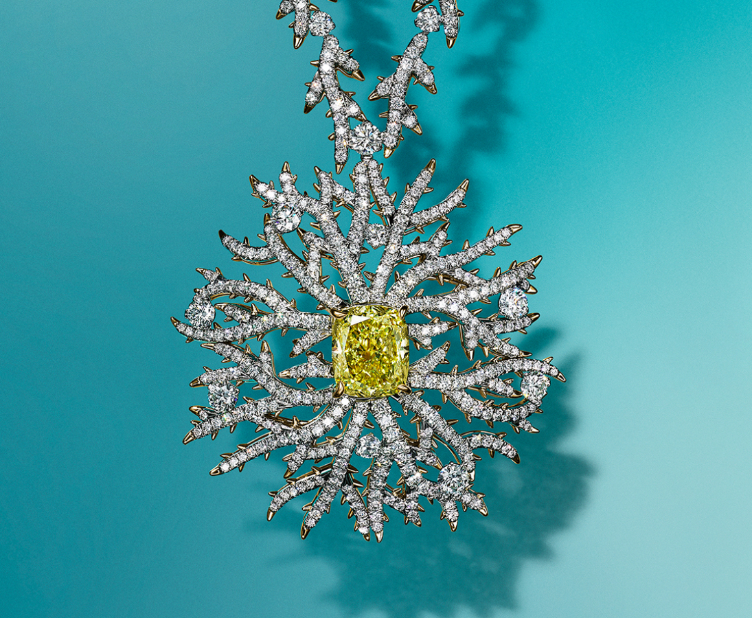 Pendant in platinum and 18k yellow gold with a Fancy Intense Yellow diamond and white diamonds Photo Credit: Tiffany & Co.