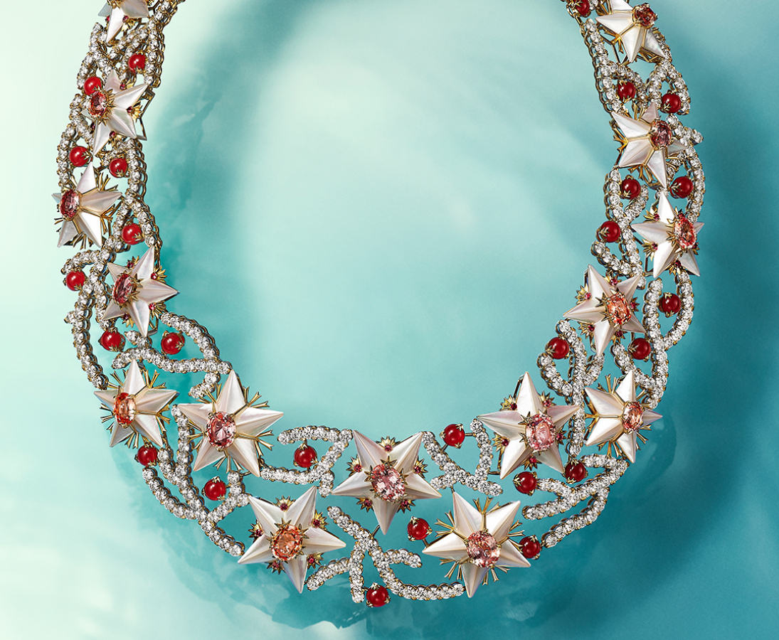 Necklace in 18k yellow gold with unenhanced padparadscha sapphires, Umba sapphires, carnelians, mother-of-pearl and diamonds Photo Credit: Tiffany & Co.