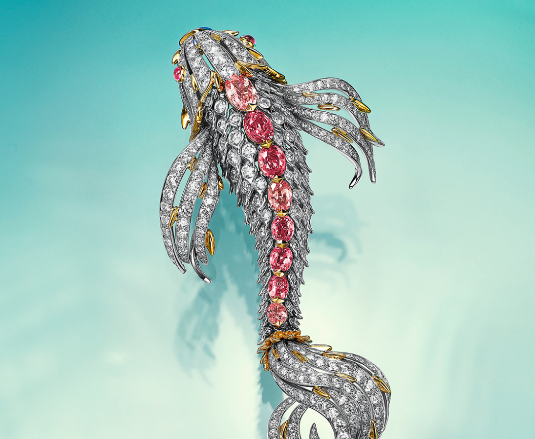 Brooch in platinum and 18k yellow gold with unenhanced padparadscha sapphires, rubellites and diamonds Photo Credit: Tiffany & Co.