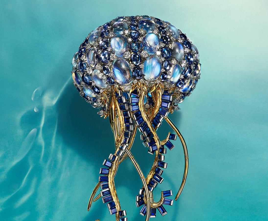 Brooch in platinum and 18k yellow gold with sapphires, tanzanites, moonstones and diamonds Photo Credit: Tiffany & Co.