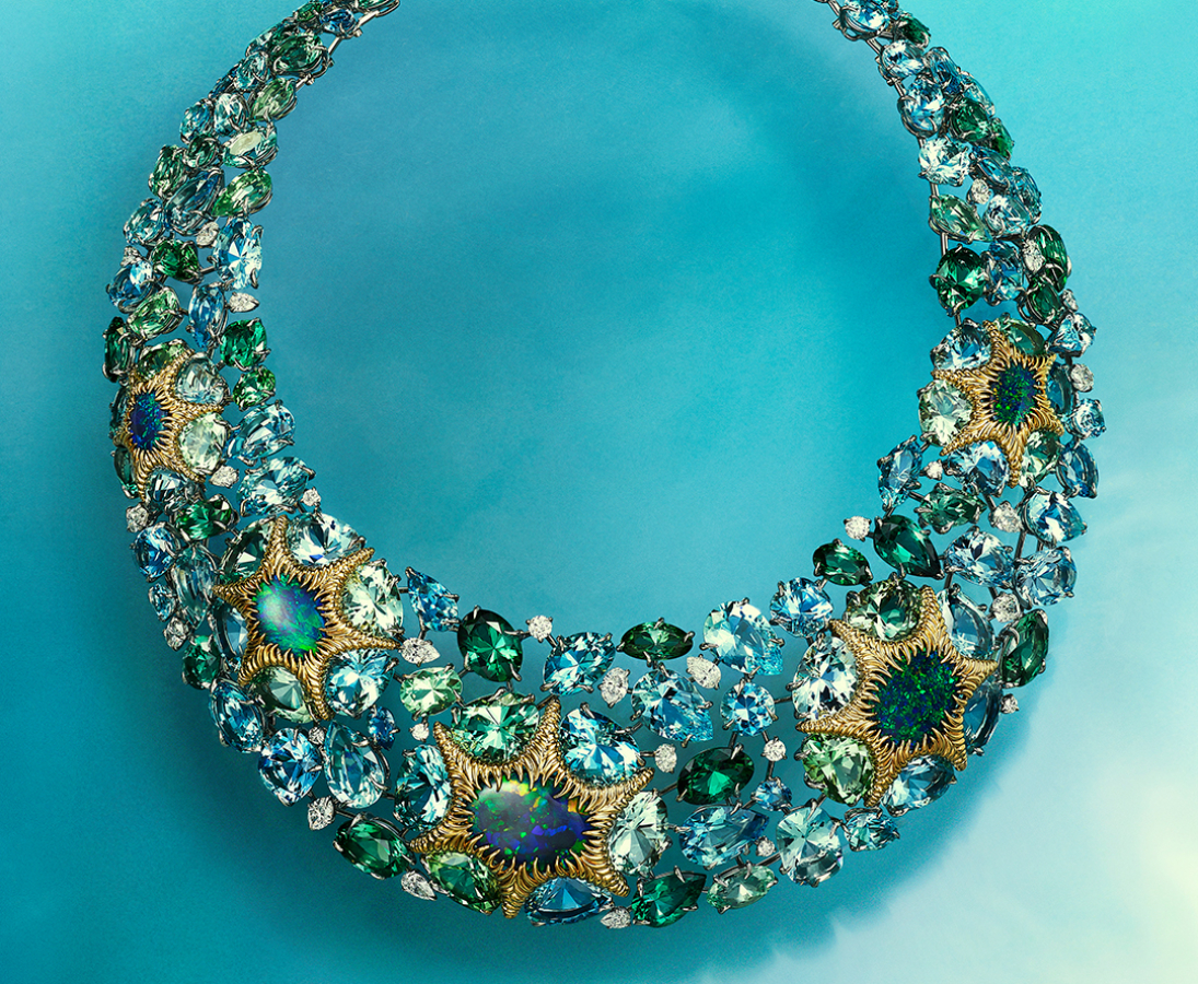 Necklace in platinum and 18k yellow gold with black opals, aquamarines, beryls, tourmalines and diamonds Photo Credit: Tiffany & Co.