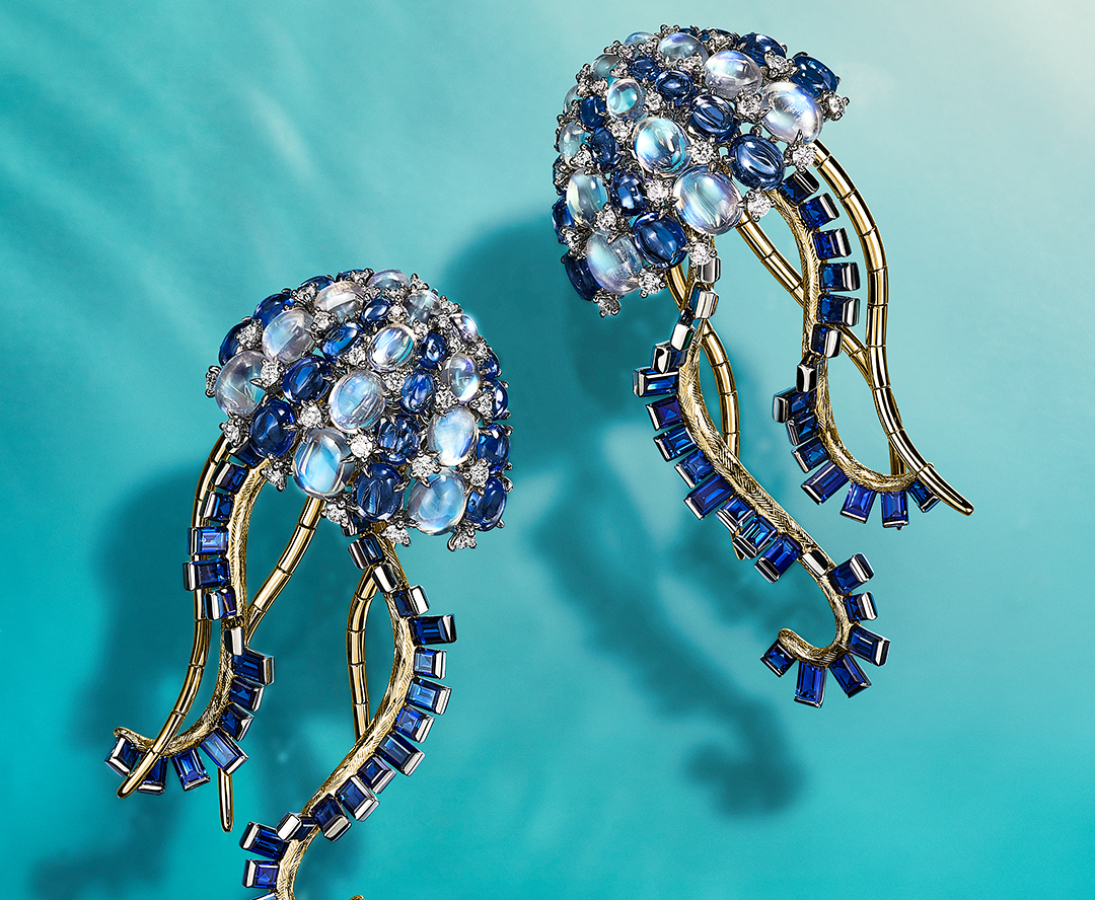 Earrings in platinum and 18k yellow gold with sapphires, tanzanites, moonstones and diamonds Photo Credit: Tiffany & Co.