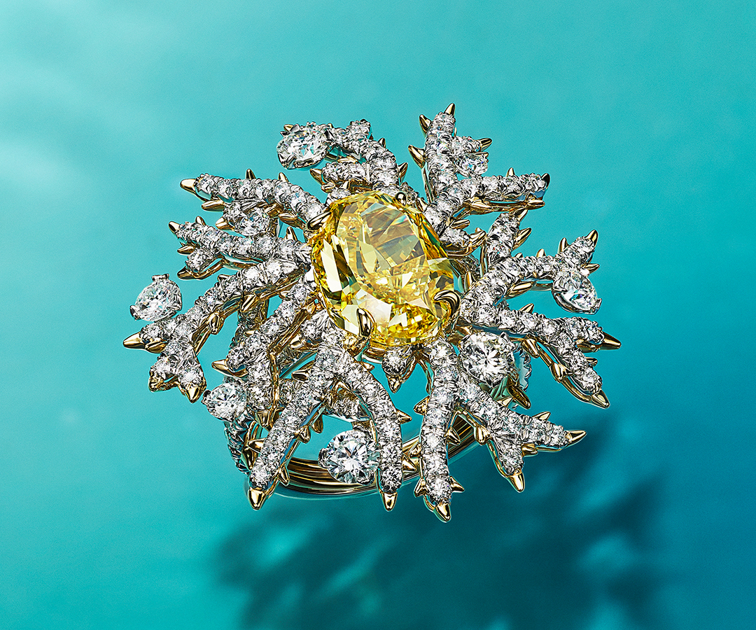 Ring in platinum and 18k yellow gold with a Fancy Vivid Yellow diamond and white diamonds Photo Credit: Tiffany & Co.