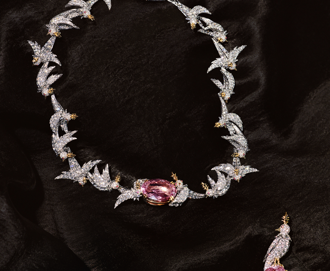 Jean Schlumberger by Tiffany & Co.TM Bird on a Rock necklace in platinum with a morganite. Photo Credit: Tiffany & Co.