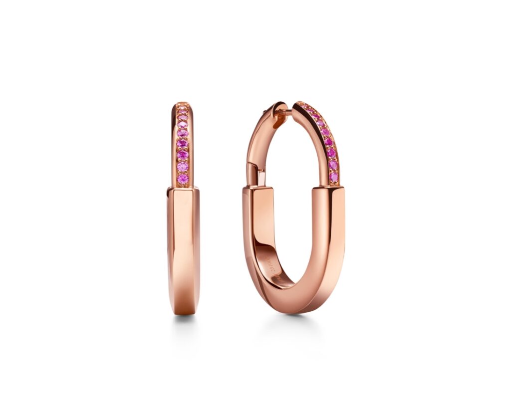 Tiffany Lock ROSÉ Edition medium earrings in 18k rose gold with pink sapphires. Photo Credit: Tiffany & Co.