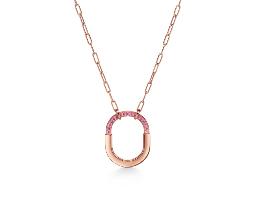 Tiffany Lock ROSÉ Edition medium pendant in 18k rose gold with pink sapphires. Photo Credit: Tiffany & Co.