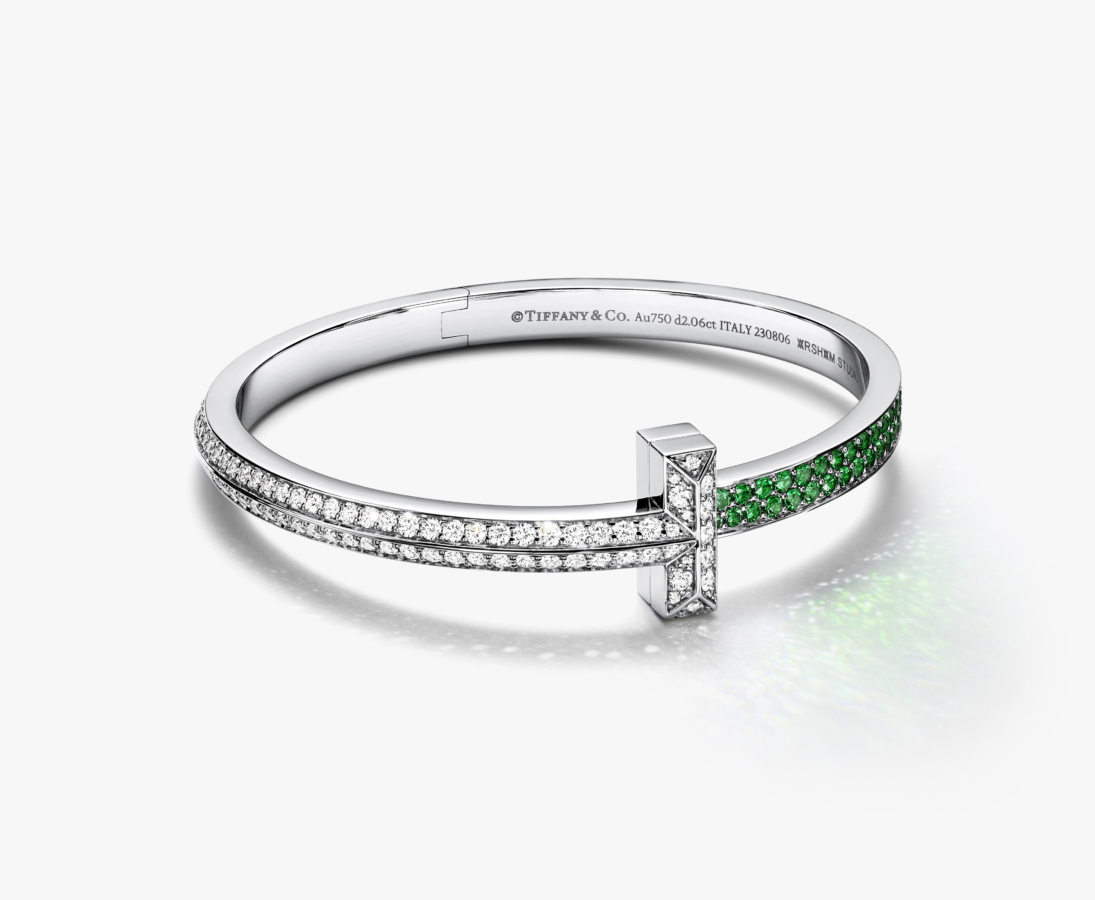 Tiffany & Arsham Studio Limited-Edition T1 Bangle in 18K White Gold with Tsavorites and Diamonds. Photo Credit: Tiffany & Co.