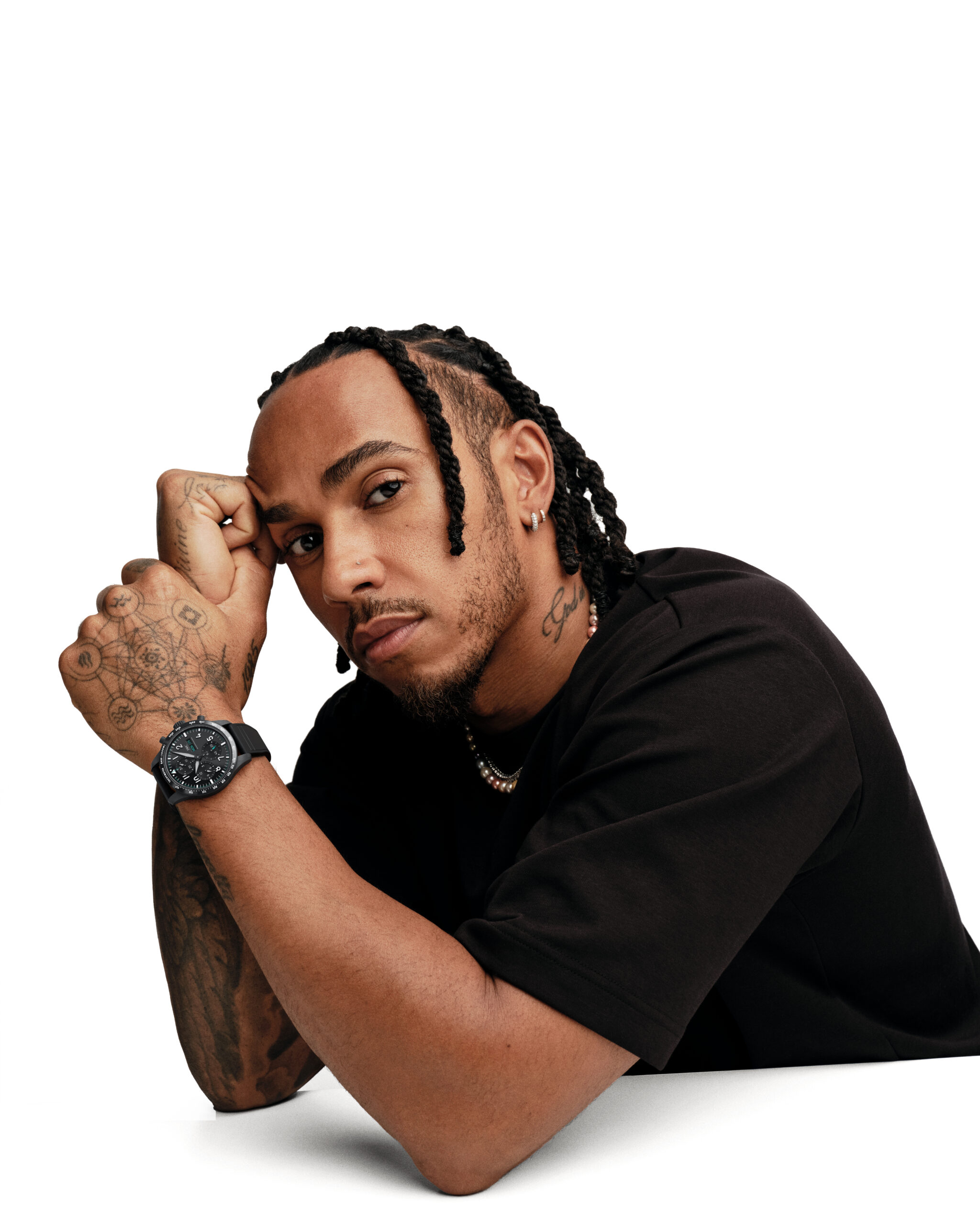 LEWIS HAMILTON WEARING THE IWC PILOT’S WATCH PERFORMANCE CHRONOGRAPH 41 MERCEDES-AMG PETRONAS FORMULA ONE™ TEAM (REF. IW388306)