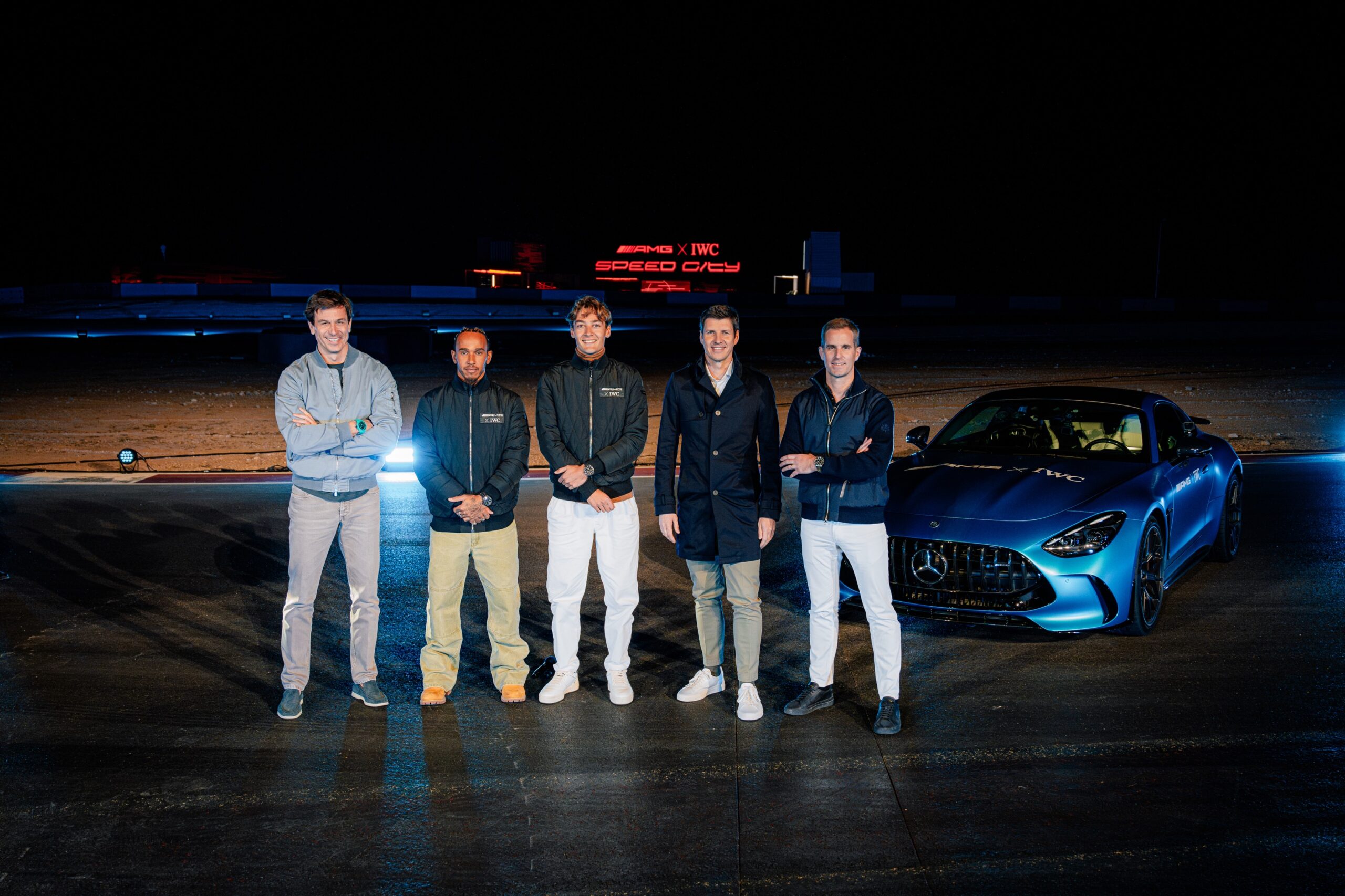 LAS VEGAS, NEVADA - NOVEMBER 14: Toto Wolff; Michael Schiebe, Chief Executive Officer at Mercedes-AMG; and Chris Grainger-Herr, Chief Executive Officer at IWC Schaffhausen, attend an exclusive event organized by IWC Schaffhausen and Mercedes-AMG at "Speed City” on November 14, 2023 in Las Vegas, Nevada. Ahead of the Grand Prix, Speed City is an outdoor desert camp and entertainment venue taking over the famous Speedvegas racetrack.