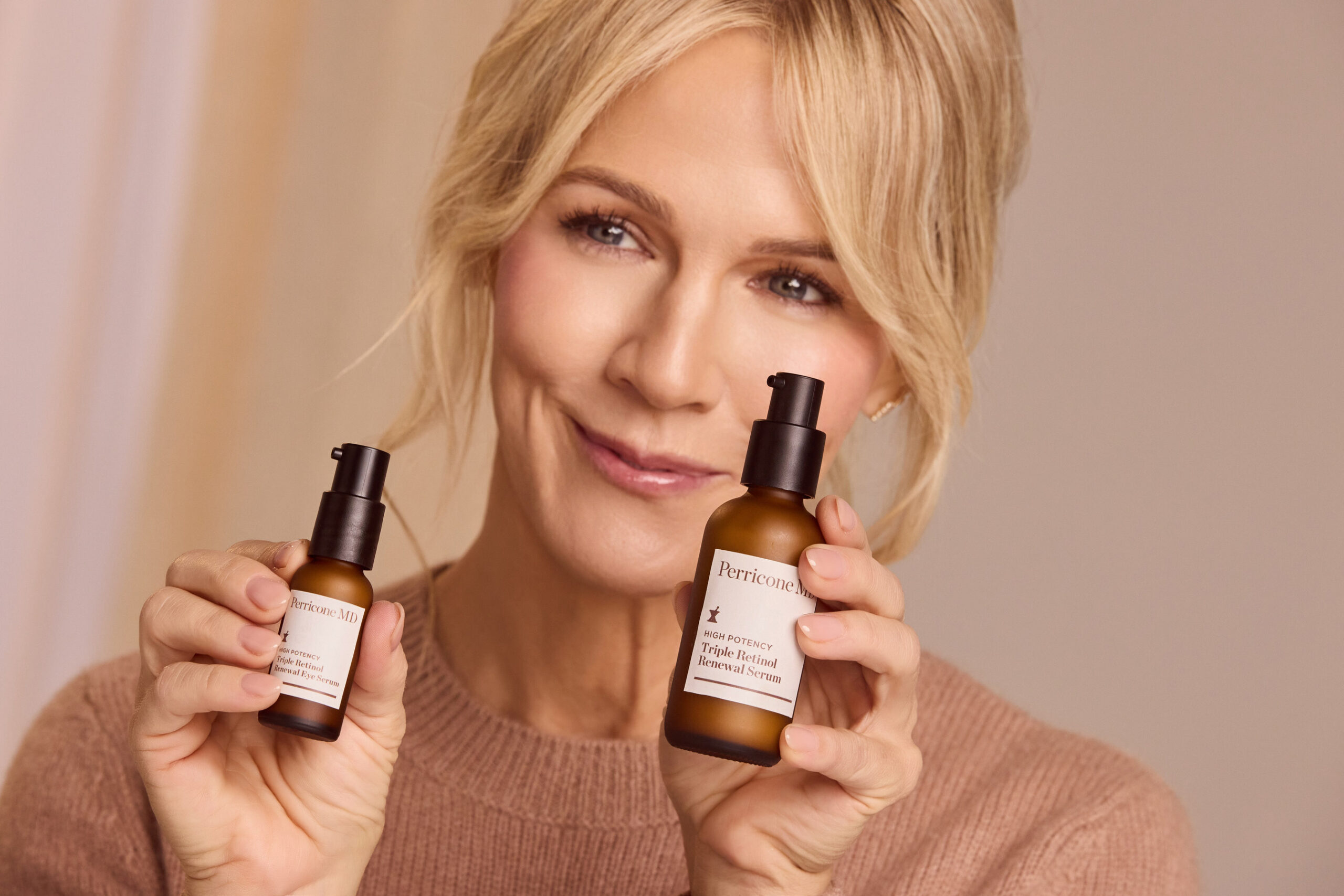 Perricone MD's Brand Ambassador, Jennie Garth, with the latest brand launch, the Triple Retinol Renewal serums - Courtesy of Perricone MD